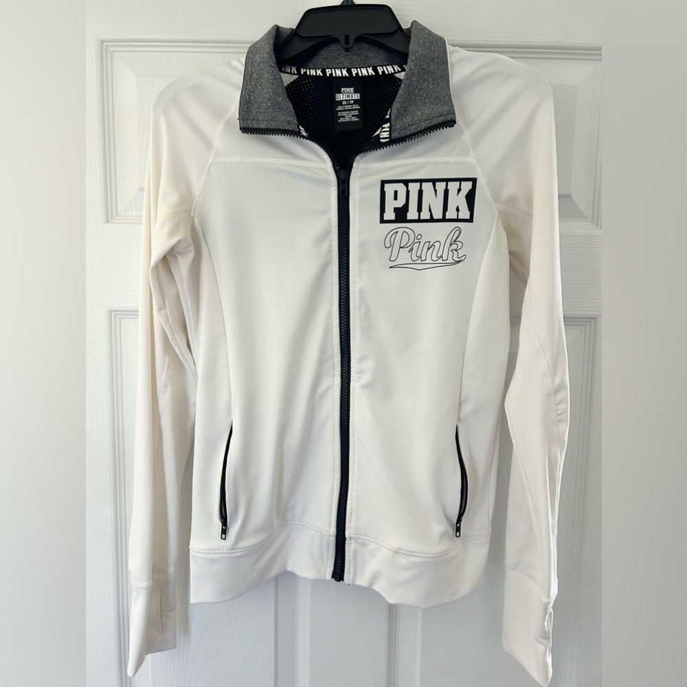 Pink Victoria’s Secret xs athletic white zip up track jacket